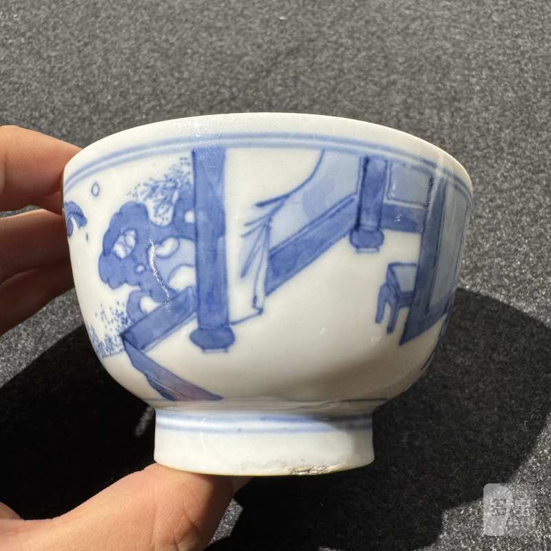 清康熙 青花人物故事诗文碗一对 - 图10